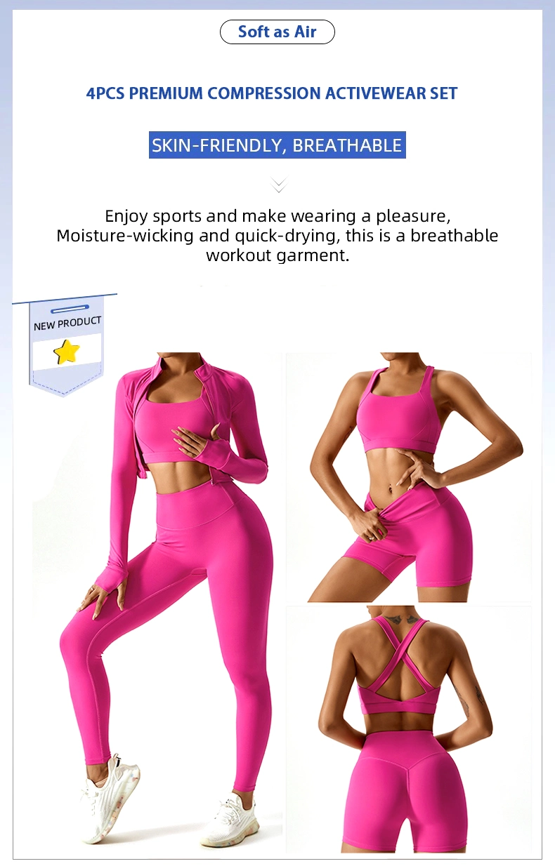 New Arrival 2/3/4PCS Sexy Running Workout Clothes for Women, Custom Logo Fitness Yoga Set Butt Lifting Shorts + Leggings + Gym Bra + Zipper Jacket Activewear