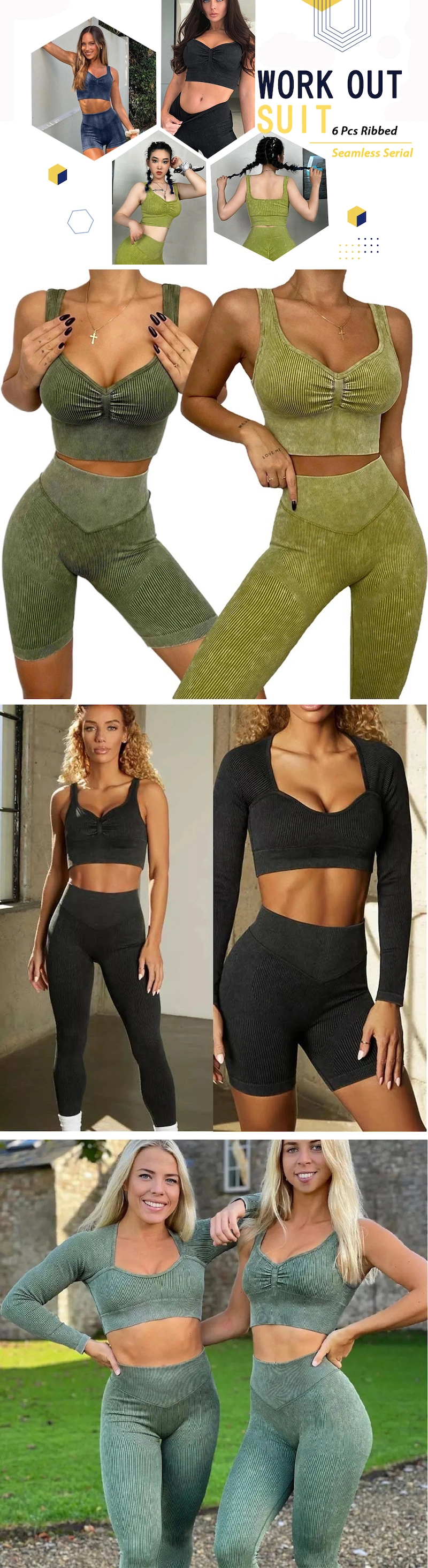 New Hot Vintage Seamless Sportswear for Women, 2/3/4/5/6 Piece Ribbed Acid Washed Knitted Activewear Sets for Lounging, Yoga, Casual Active Outfits Manufacturer