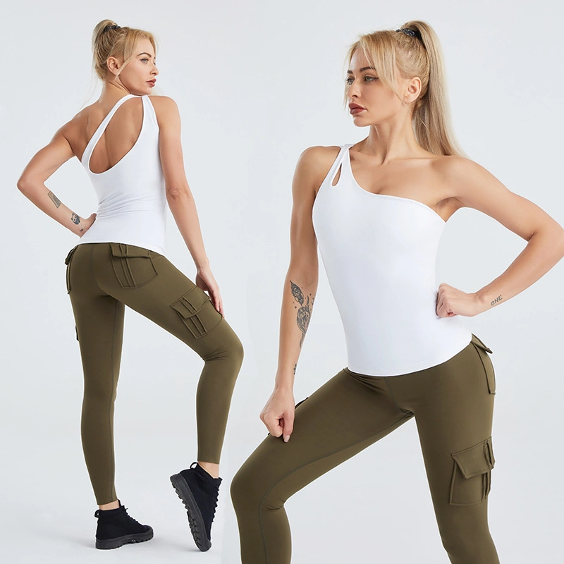 Hit Style Active Wear for Women One Shoulder Vest with Removable Cup Top Long Sleeve Side Pockets Pants Yoga Sports Sets Wear