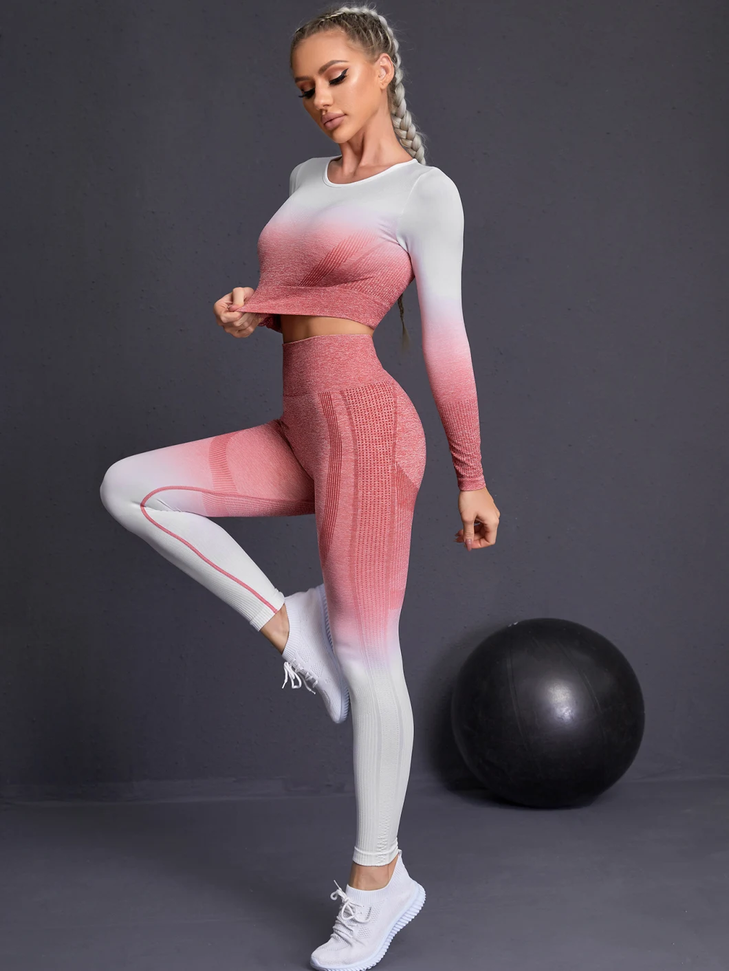 Ombre Gym Set Women Sport Suit Fitness Wear Sportswear Seamless Leggings Long Sleeve Tops Padded Sports Bras Yoga Sets Workout Clothing