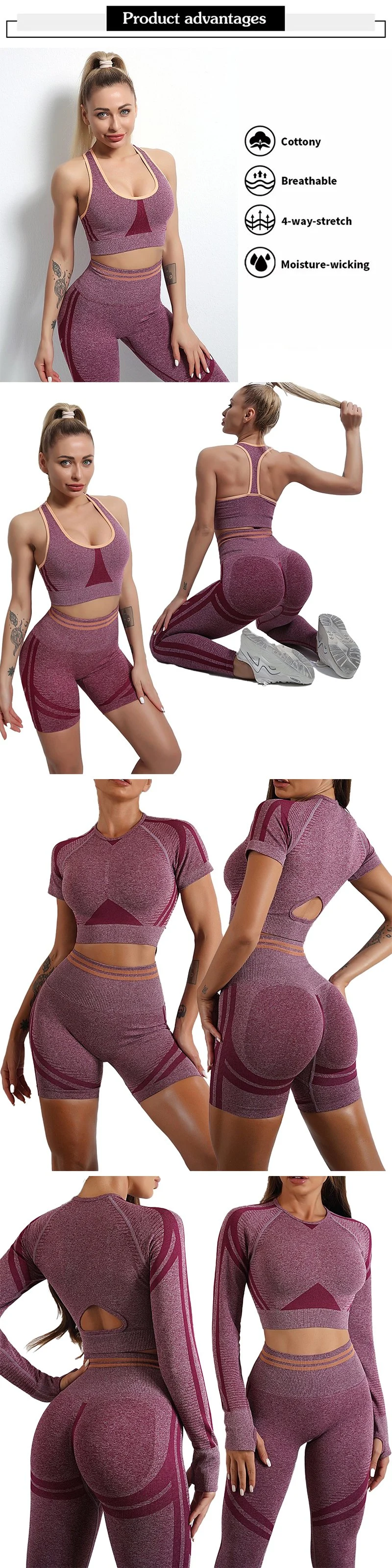 Wholesale Ladies 5PCS Hot Fashion Ropa De Yoga Wear Workout Clothes for Women, Custom Seamless Bra + Crop Top + Scrunch Gym Shorts + Leggings Fitness Apparel